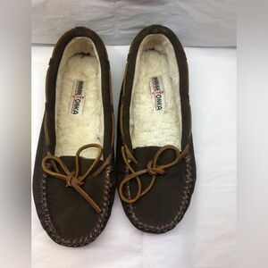 Minnetonka Moccasins Slippers Faux Fur Lined Brown Leather‎ Loafers Womens 10